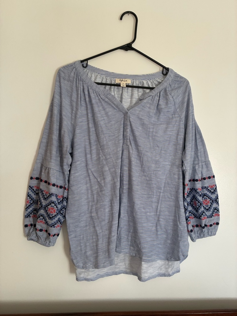 Style & Co. Light Blue Striped Tunic with Embroidered Sleeves